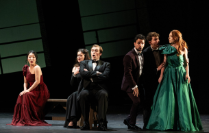 So ry Kim, Lucy Altus, James McCarthy, Kevin Godínez, Chance Jonas-O'Toole, and Joanne Evans in a scene from Rossini's "La Cenerentola"