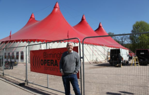 Birmingham Opera Company director Graham Vick outside the tent in Cannon Hill Park used for Khovanskygate: A National Enquiry