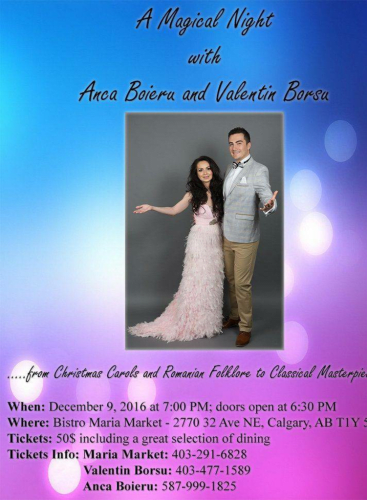 A Magical Night with Anca Boieru and Valentin Borsu….from Christmas Carols and Romanian Folklore To Classical Masterpieces: Recital Various