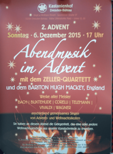 Adventskonzert: Lieder und Kammermusikabend. Werke von Bach, Buxtehude, Telemann, Vivaldi, Warlock, Wagner u.a.