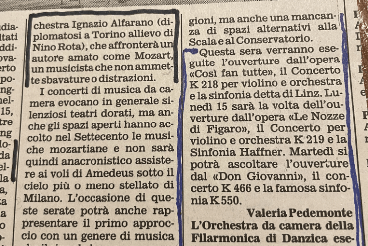 2o Concerto mozartiano per VACANZE A MILANO 1988 direttore Ignazio Alfarano: Le nozze di Figaro ouverture-Concerto in La Magg. K 219-Sinfonia in Re Magg. K 385 Haffner Mozart