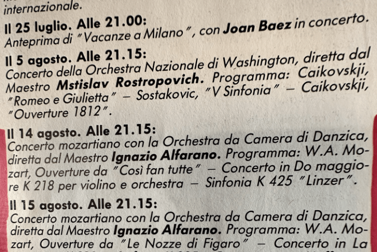 3o Concerto mozartiano per VACANZE A MILANO 1988 direttore Ignazio Alfarano: Don Giovanni Ouverture piano concerto K466 in Re Min. Sinfonia K550 in Sol Min. Mozart