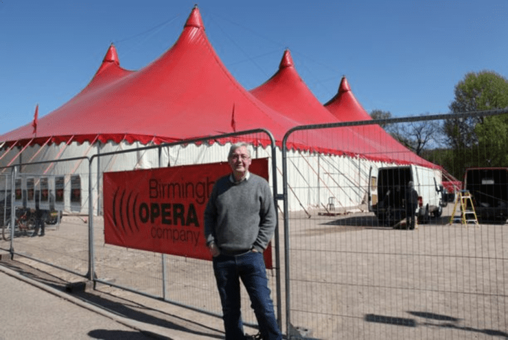Birmingham Opera Company director Graham Vick outside the tent in Cannon Hill Park used for Khovanskygate: A National Enquiry