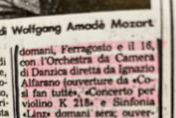 Concerto mozartiano diretto da Ignazio Alfarano per VACANZE A MILANO 1988: Cosi fan tutte Ouverture Piano concerto K466 in Re min. Sinfonia K425 Linzer Mozart