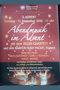 Adventskonzert: Lieder, Arien und Kammermusikabend. Zeller Streichquartett.  Werke von Purcell, Handel, Richard Strauß u.a.